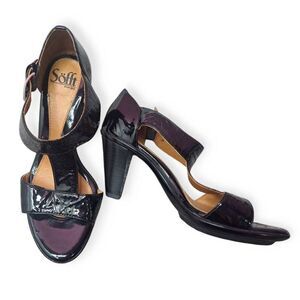 Sofft Women's Patent Leather T-Strap Buckle Wedge Heel Sandals size 6.5 M Black